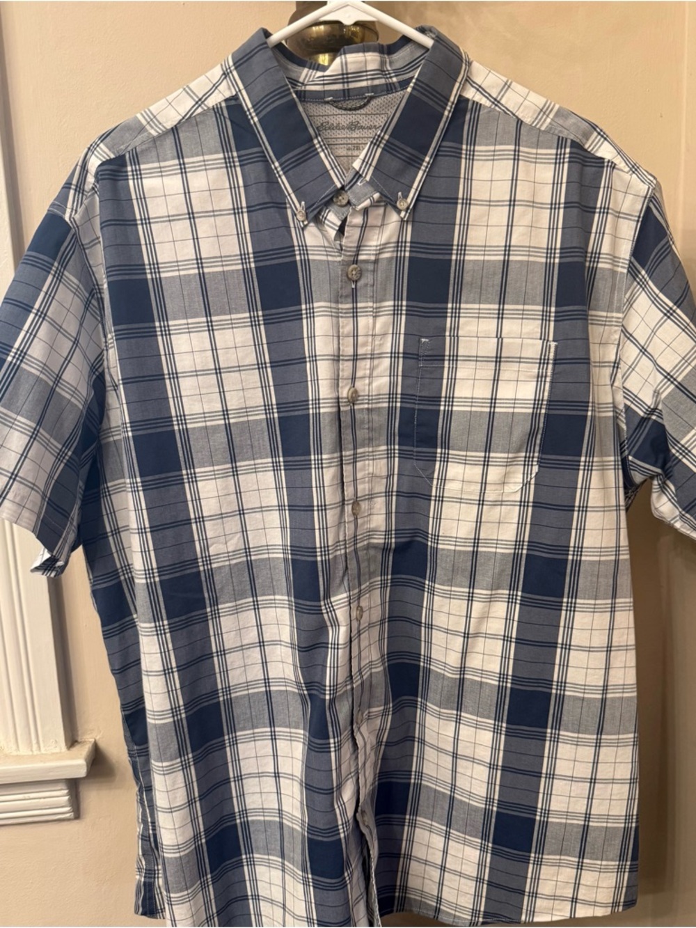 Eddie Bauer Navy and White Plaid Short-Sleeve Button-Down Shirt